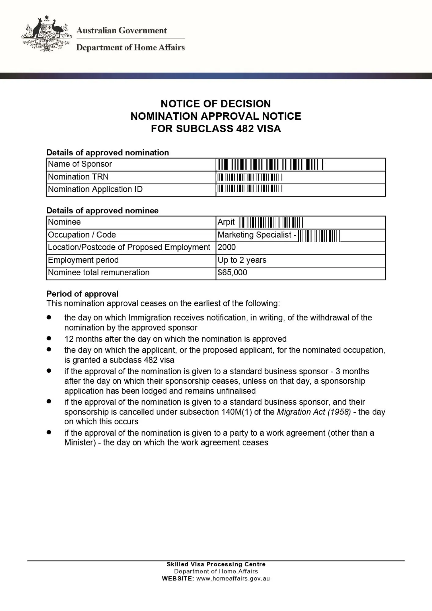 Australia Visa Approved Application
