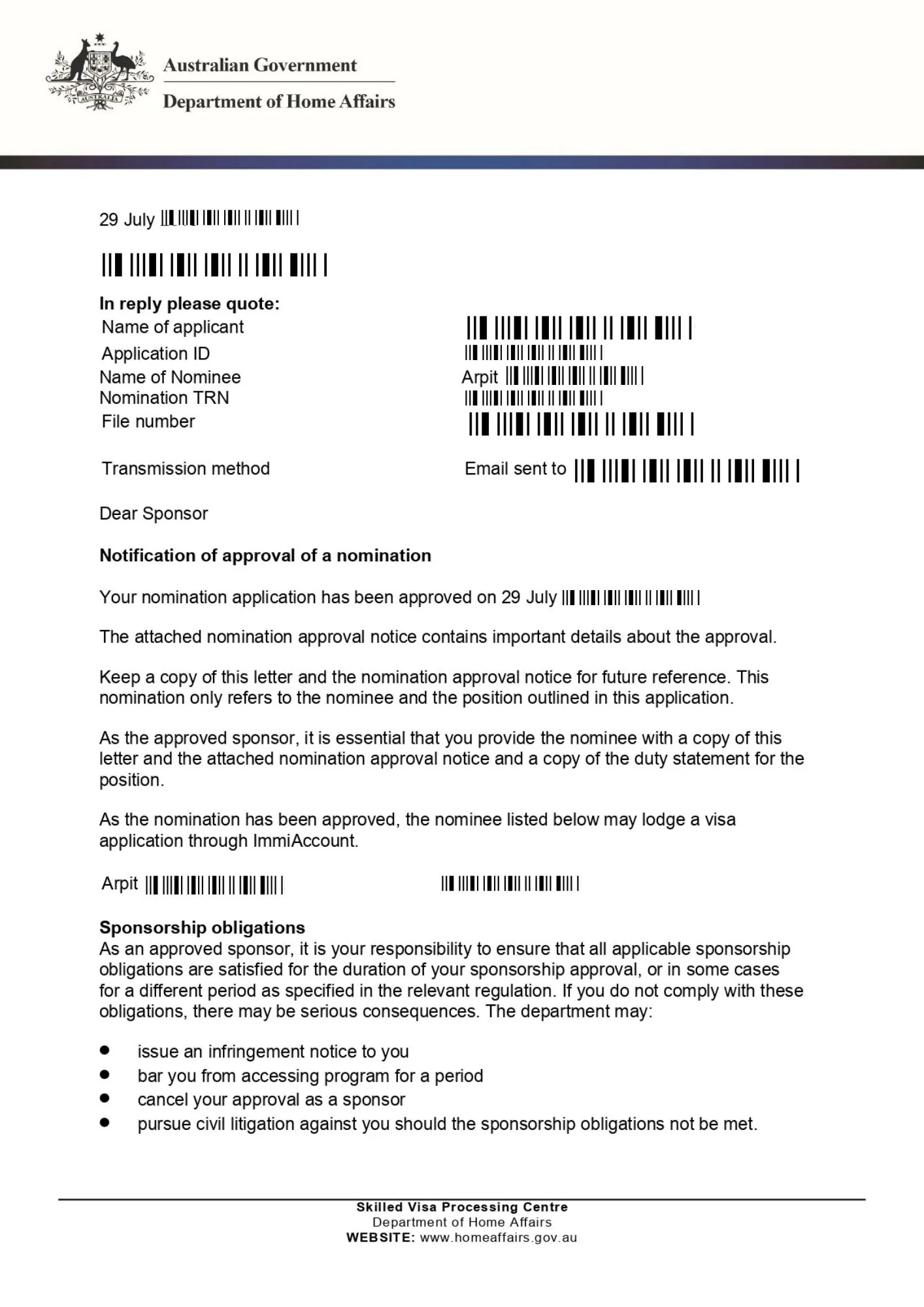 Australia Visa Approved Application