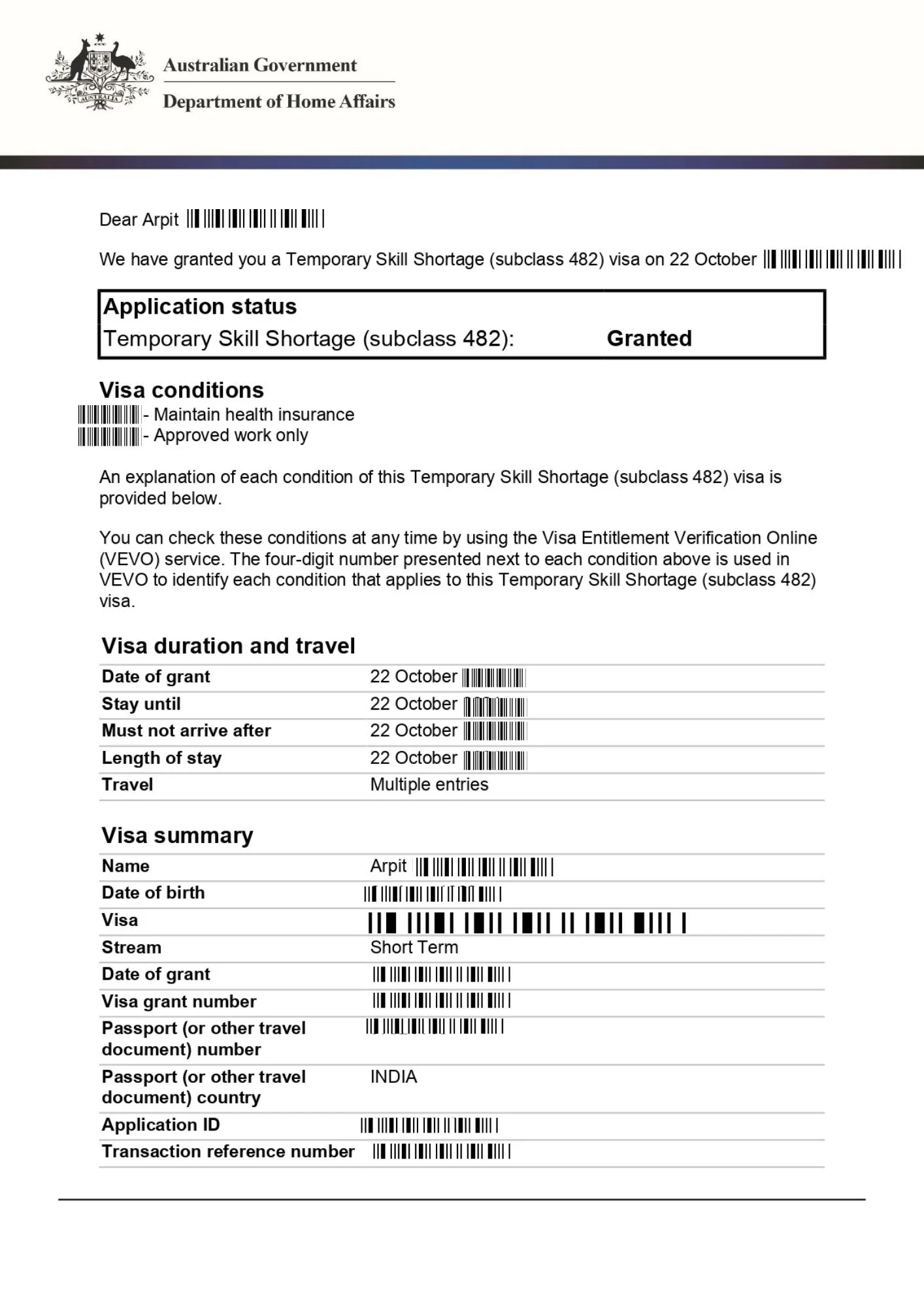 Australia Visa Approved Application