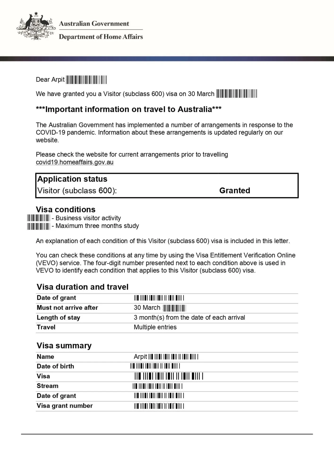Australia Visa Approved Application